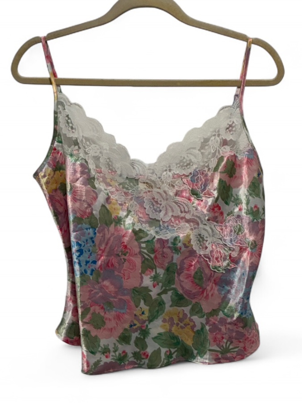Vintage Victoria's Secret Floral Satin Lace Cami Tank Top - Pink & Green